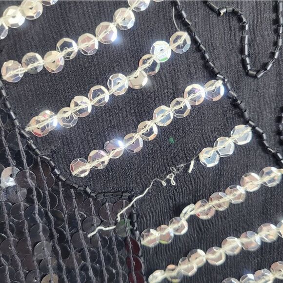 VINTAGE 80s top silk black beaded sequin floral short sleeve elegant XL - Picture 4 of 7